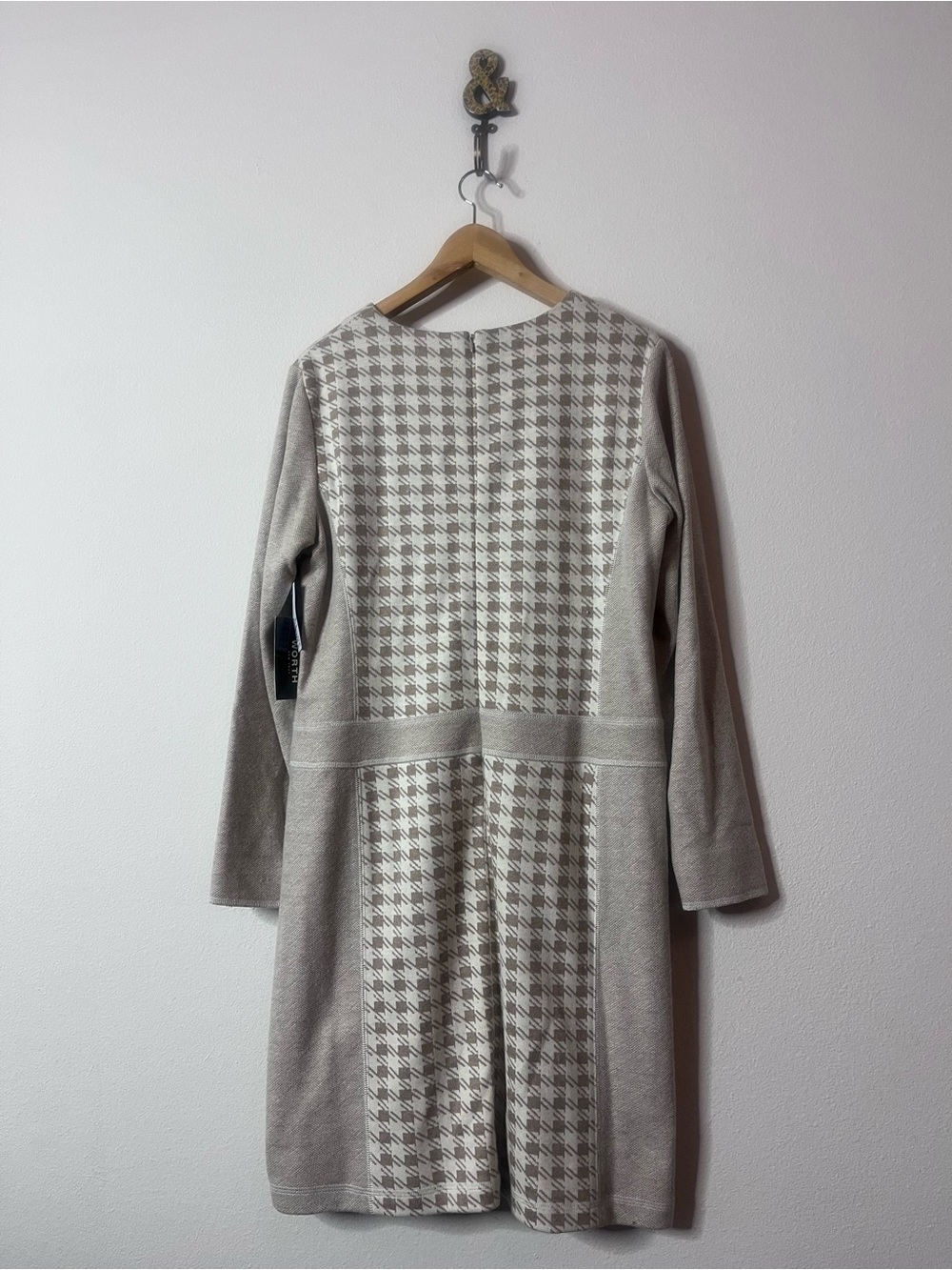 Worth Beige Houndstooth Panel Long Sleeve Dress - Picture 3 of 5